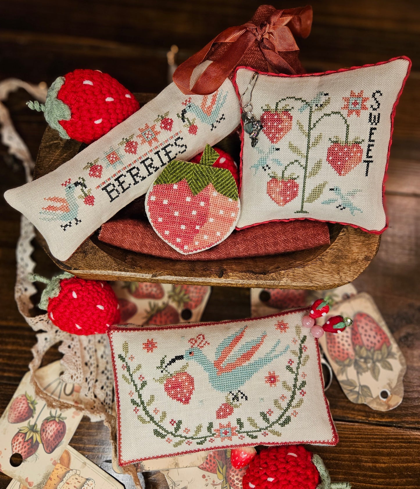 Strawberry Thieves PIn Keeps by Quaint Rose Needlearts