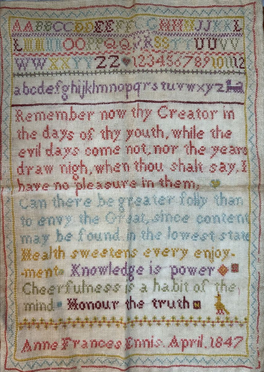 Anne Frances Ennis 1847 Words To Live By, An Irish Antique Reproduction Sampler - PREORDER