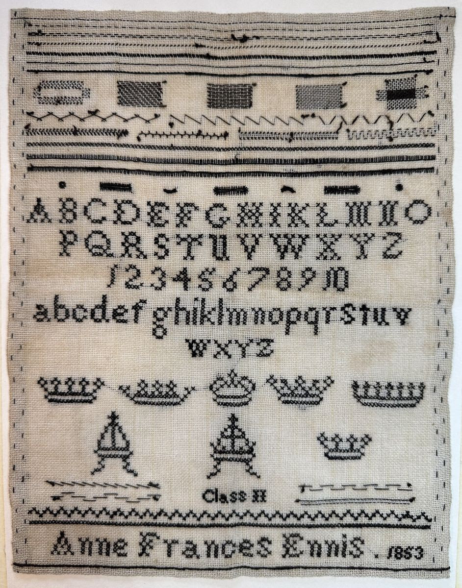 Anne Frances Ennis 1853 Black Crowns Specimen Page, An Irish Antique Sampler Reproduction by Cross Stitch Antiques - PREORDER