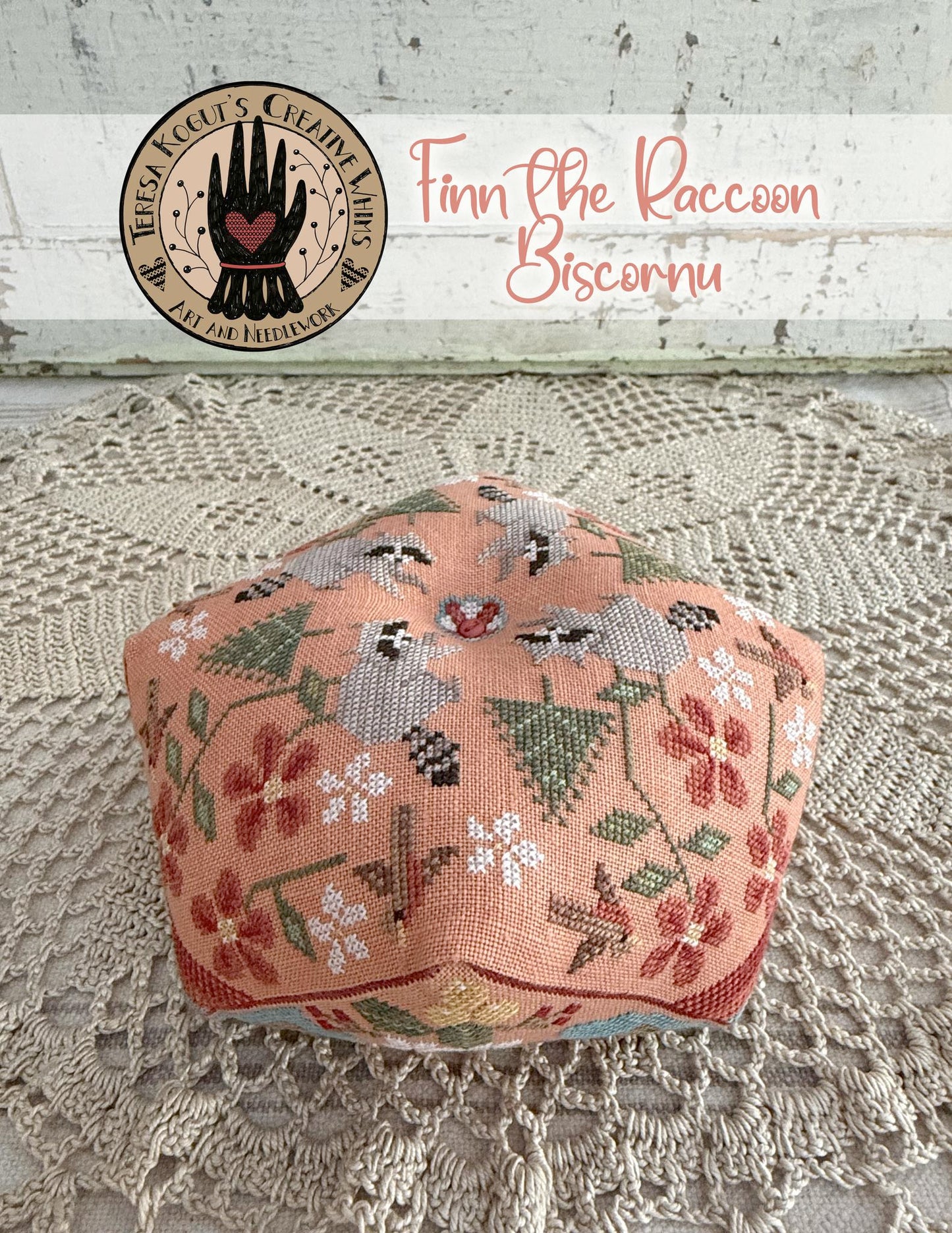 Finn the Raccoon Biscornu by Teresa Kogut